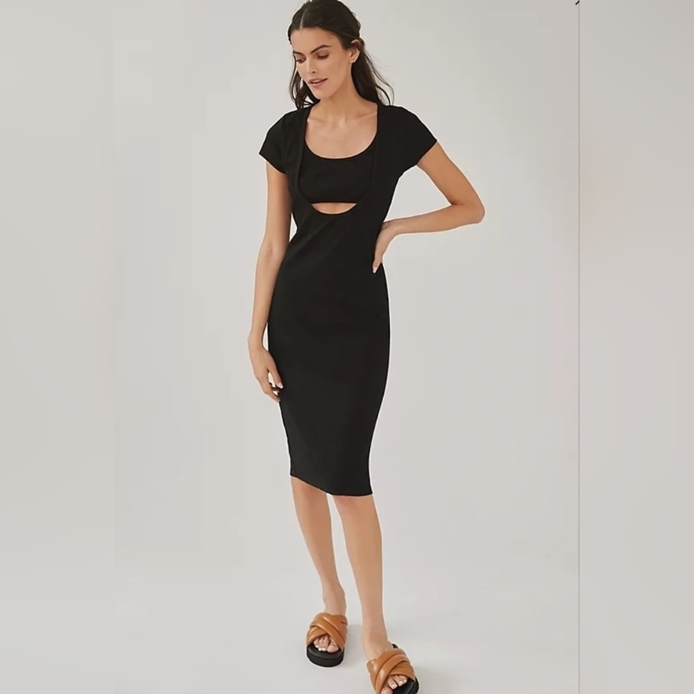 T.LA Anthropology Twofer Cutout Ribbed Knit Midi Dress Black XS